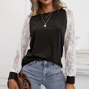 Long Sleeve lace crew neck pullover Top
